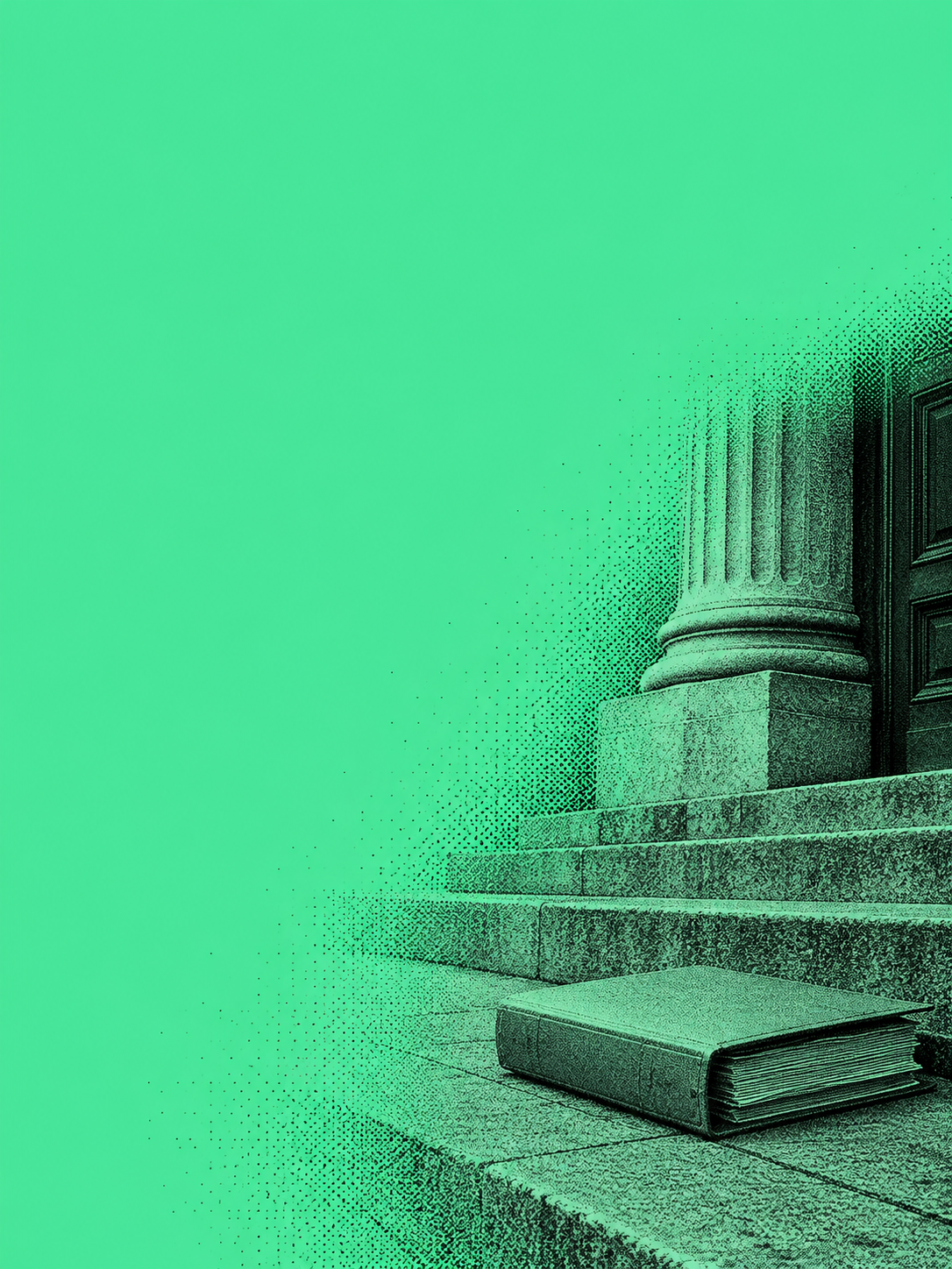 Symbolic editorial illustration of stone courthouse steps and a closed file, in photographic dot screen