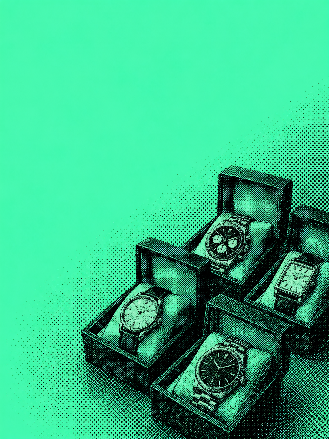 Editorial illustration of four watches in presentation boxes; not documentary evidence
