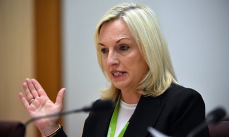 Christine Holgate at Senate Estimates, photographed by Mick Tsikas/AAP and shown in the original Guardian report