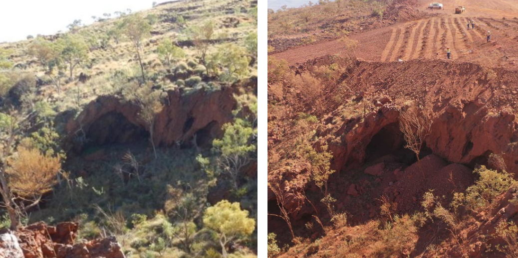 Juukan Gorge before the blast: the shelter in 2013 and after land clearance in 2020