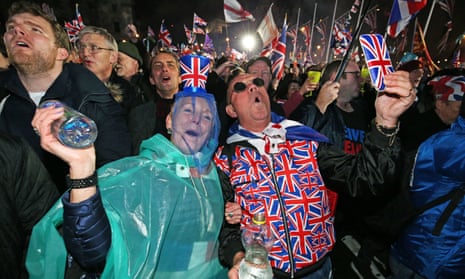Pro-Brexit supporters celebrating in Parliament Square on the night Britain left the EU