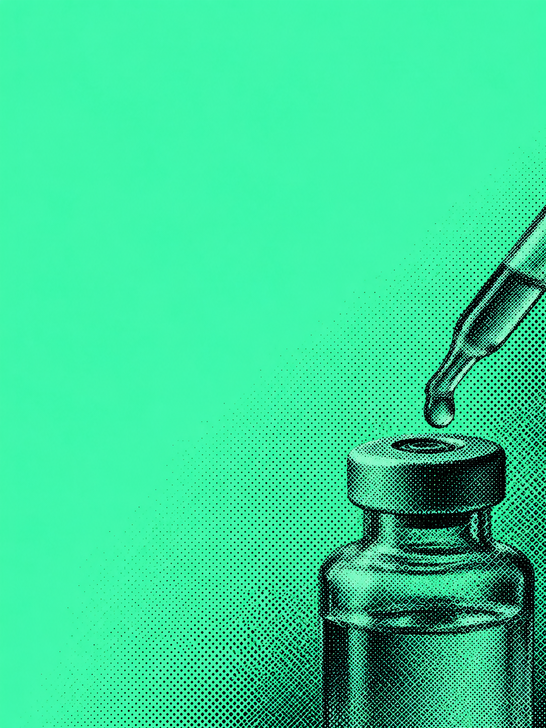 Symbolic halftone illustration of a vaccine vial and pipette