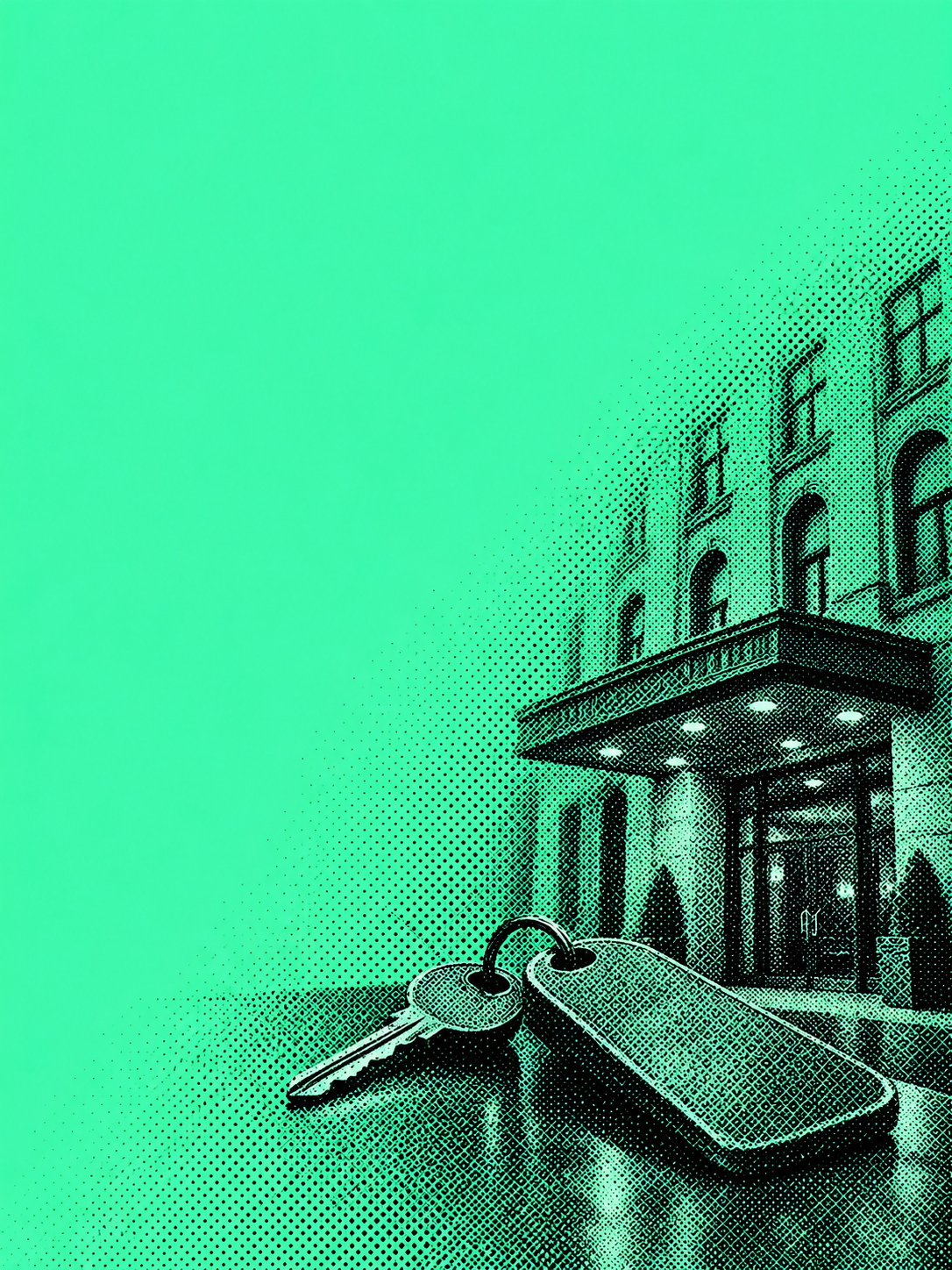Symbolic halftone hotel facade and room key