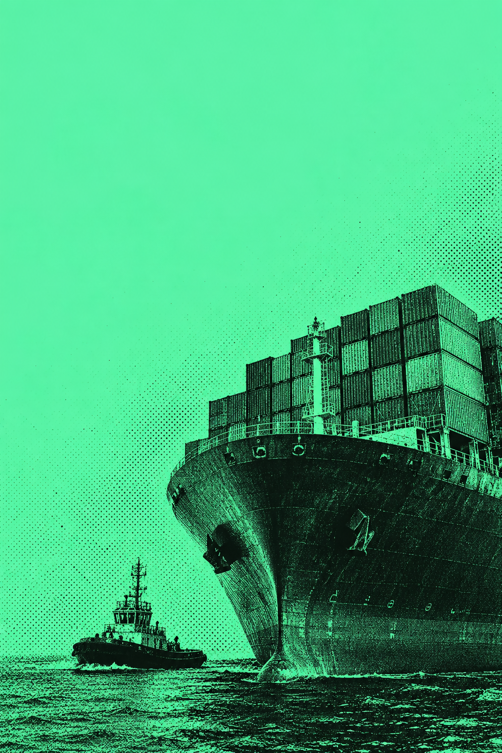 Symbolic photographic dot-screen container ship and tug