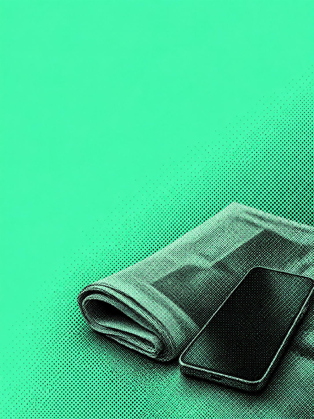 Symbolic dot-screen illustration of a phone and newspaper