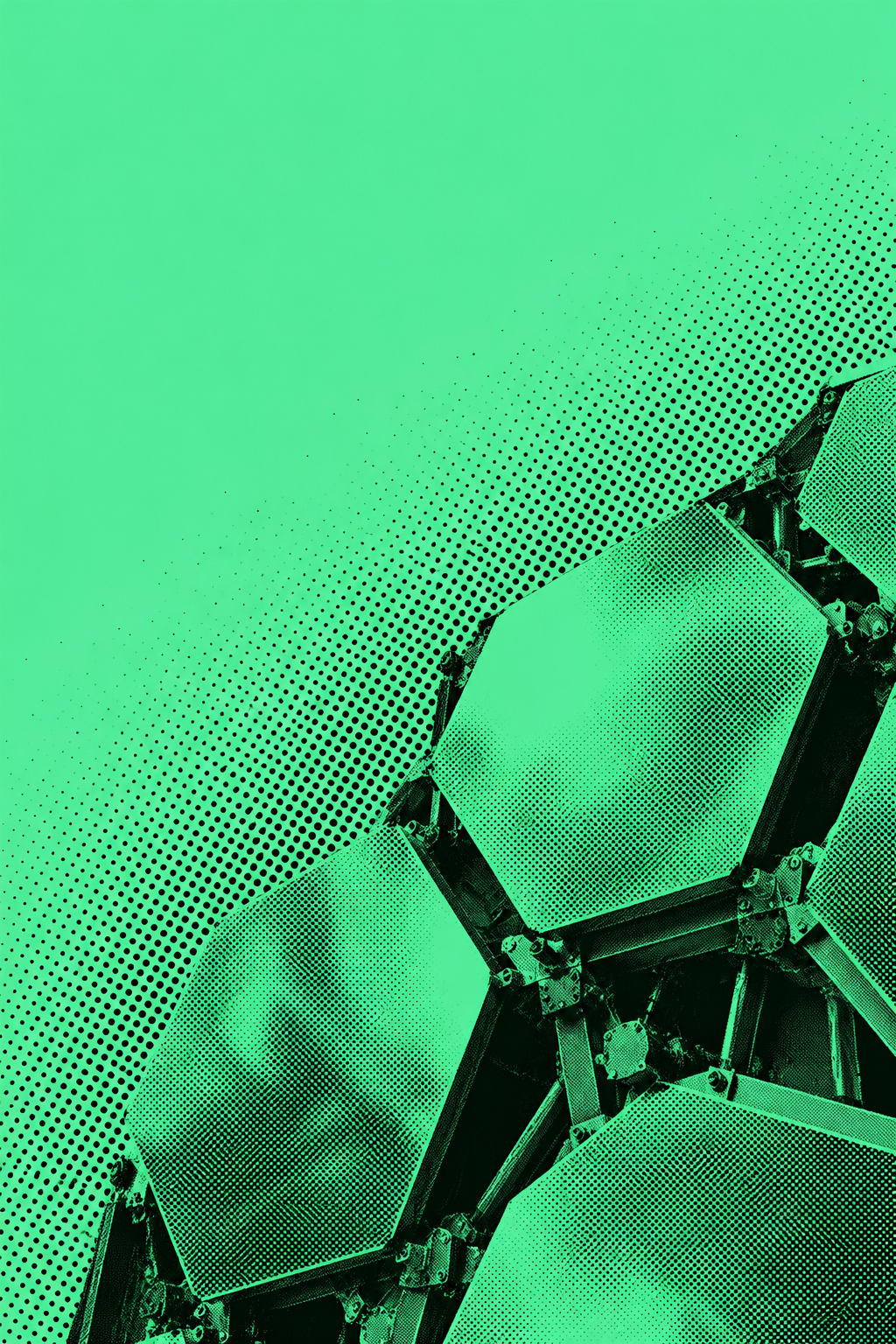 Symbolic photographic dot-screen telescope mirror segments with surrounding dispersed dots