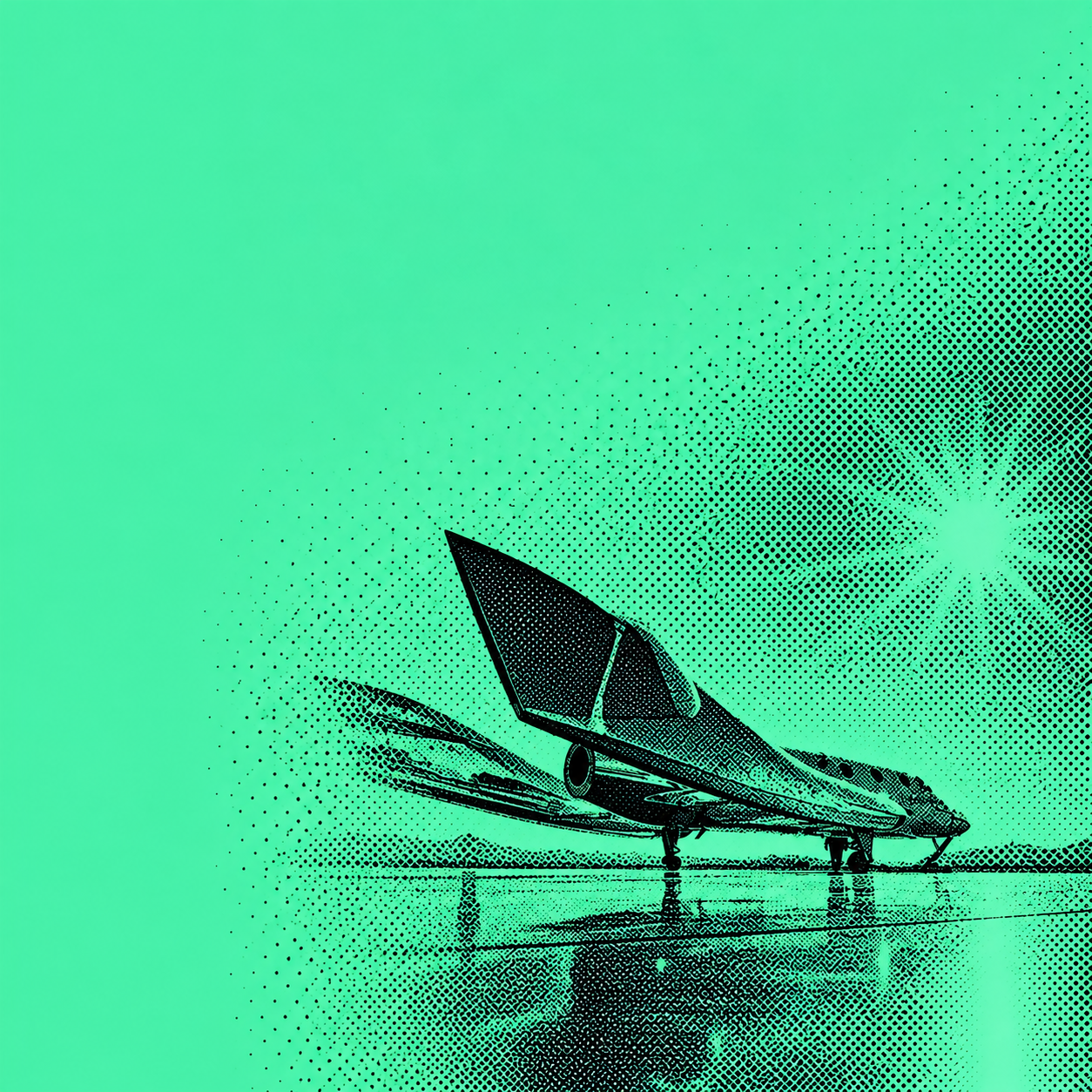 Editorial halftone rendering based on Virgin Galactic’s photograph of VSS Unity, showing its twin tail-boom configuration