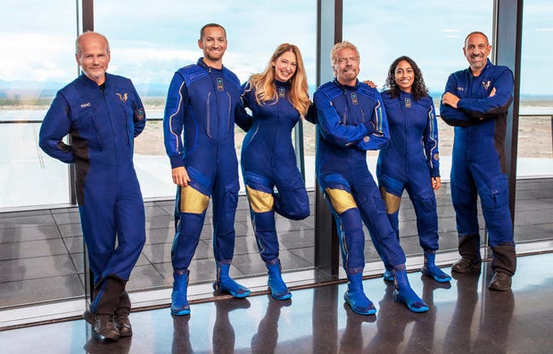 The six-person Unity 22 test-flight crew before the July 2021 flight, as shown in the original CBS report