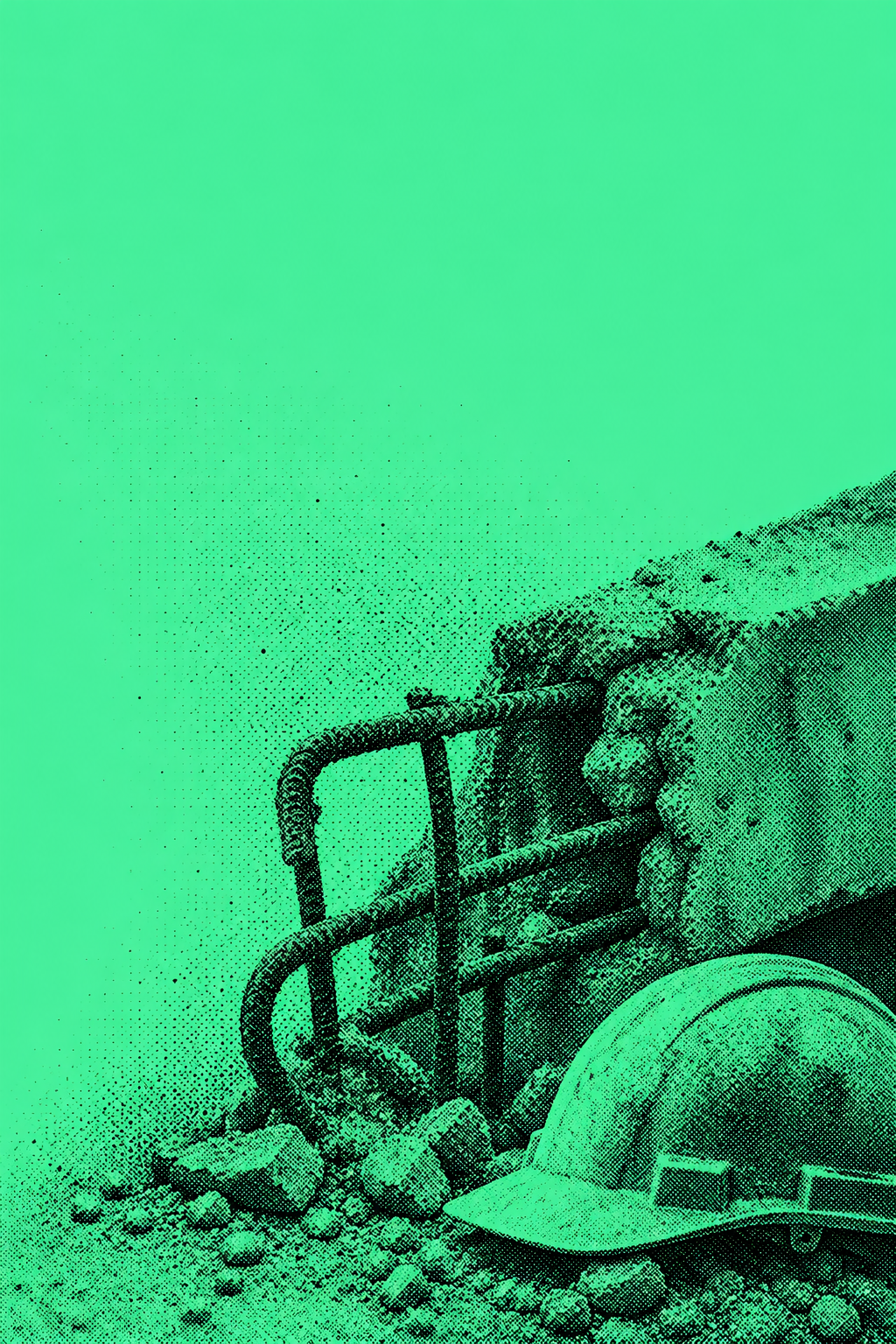 Symbolic photographic dot-screen concrete, reinforcing steel and safety helmet