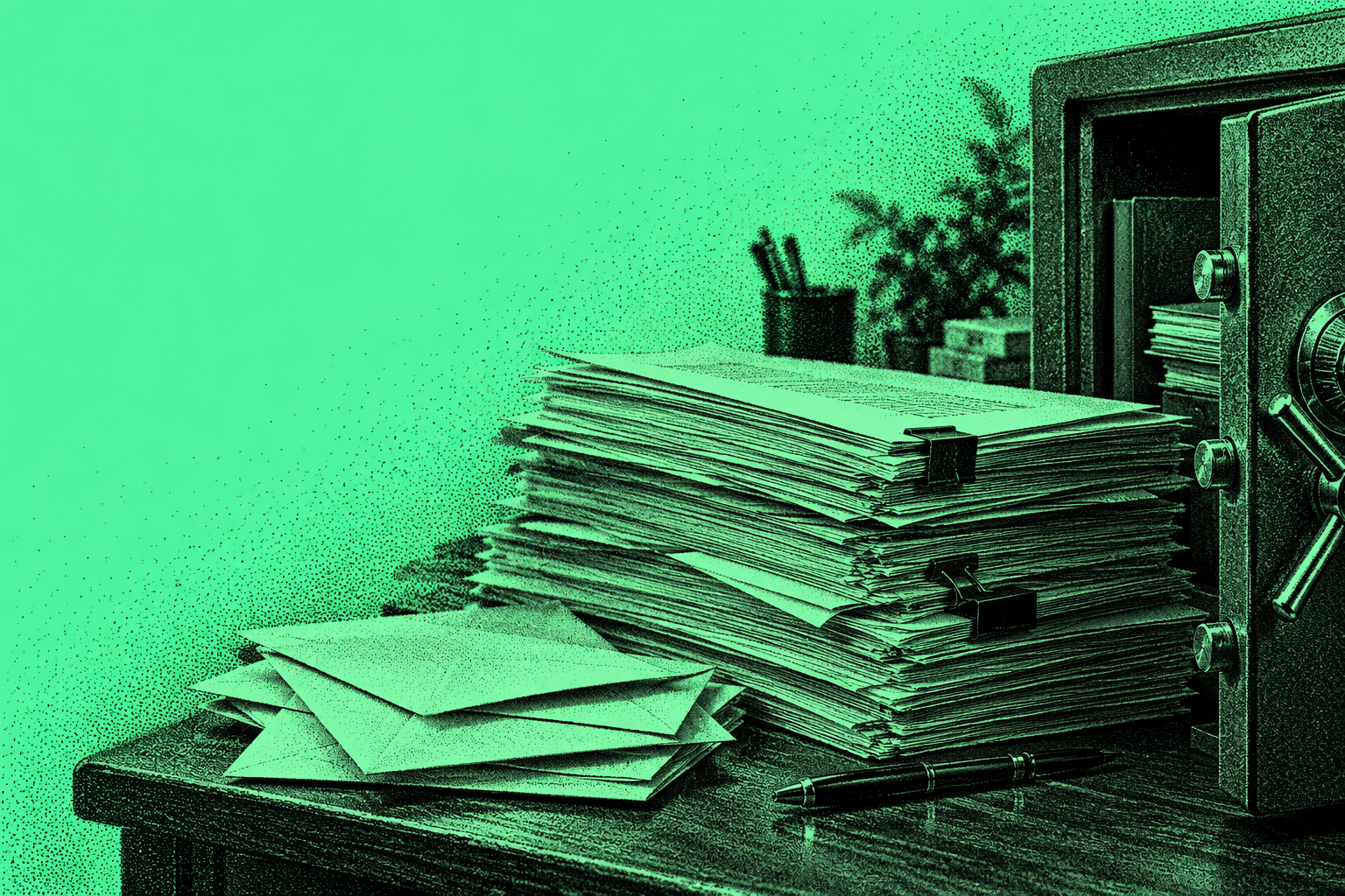 Symbolic editorial illustration of financial papers and a safe; photographic dot-screen treatment