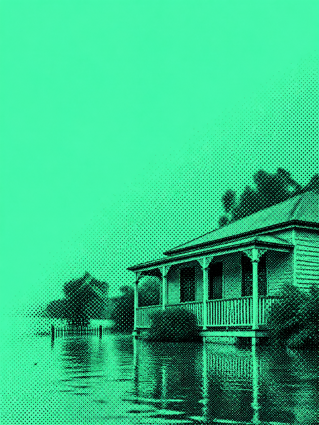 Symbolic dot-screen illustration of a house above floodwater