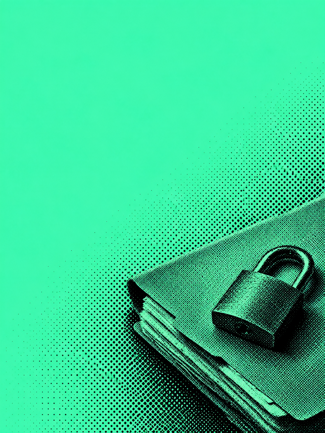 Symbolic dot-screen illustration of a medical cross and padlock