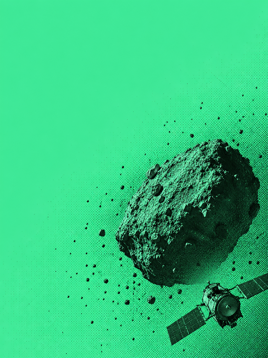 Symbolic editorial illustration of an asteroid and spacecraft in a photographic dot-screen treatment
