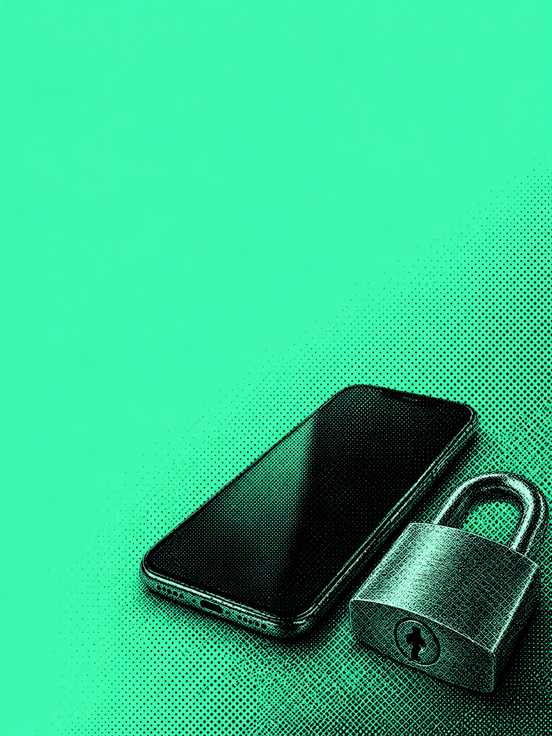 Symbolic dot-screen illustration of a phone and padlock