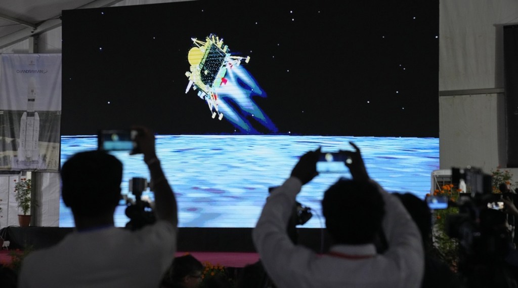 People watching an illustrated Chandrayaan-3 landing telecast at ISRO’s Bengaluru facility in the original August 2023 report