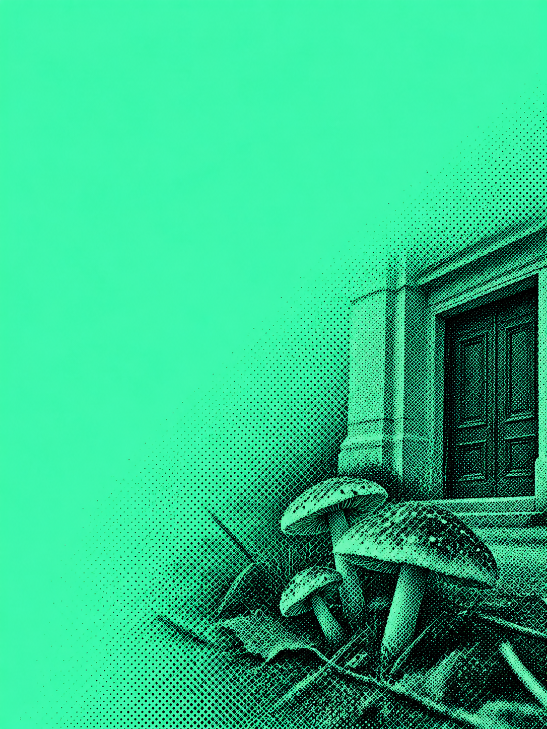 Symbolic AI-generated editorial illustration of mushrooms and a courthouse door; not a case photograph or mushroom-identification guide