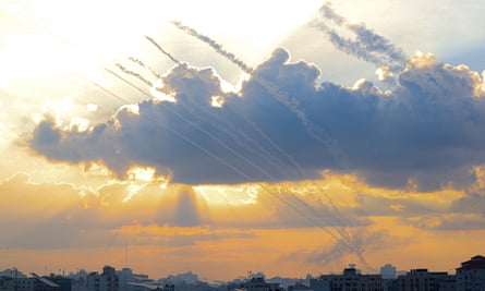 Rockets fired from Gaza City towards Israel on 7 October 2023, as shown in the original Guardian report