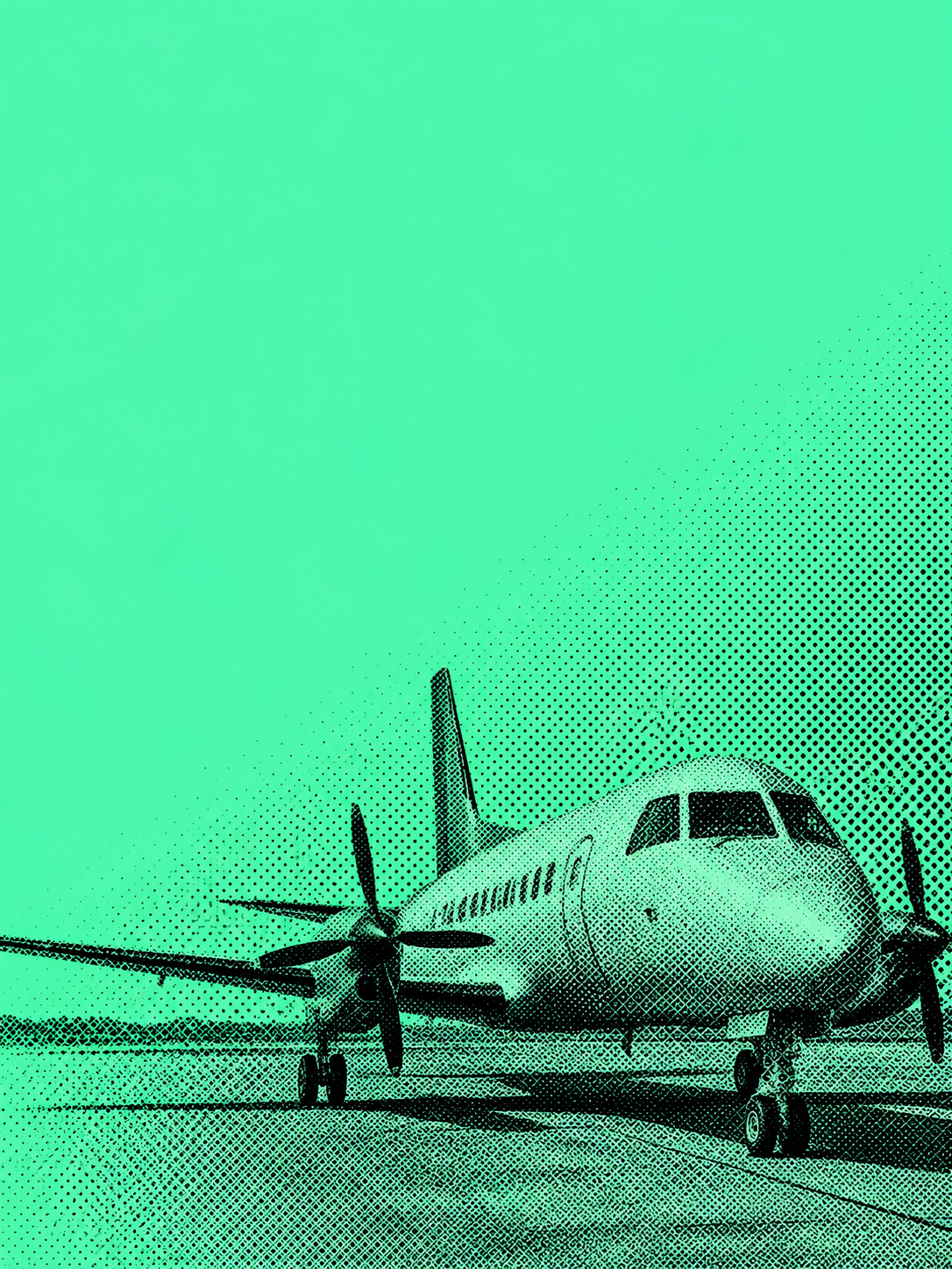Symbolic photoreal dot-screen image of a regional turboprop aircraft