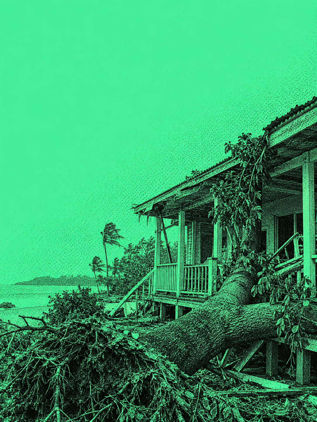 Symbolic photoreal dot-screen image of a storm-damaged coastal veranda