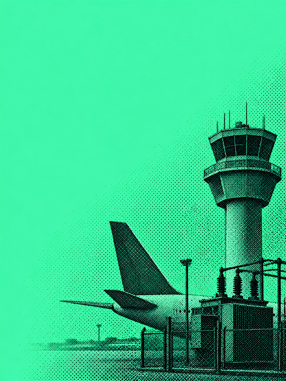 AI-generated symbolic airport tower, aircraft tail and electrical equipment; not a photograph of Heathrow or North Hyde