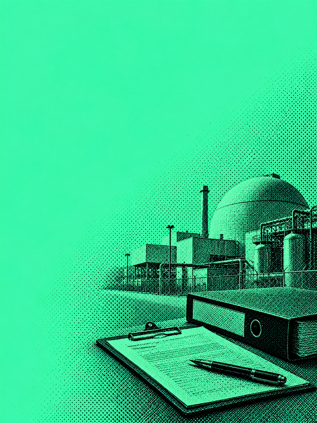 AI-generated symbolic inspection paperwork and generic nuclear facility; not a photograph of a real Iranian site or attack