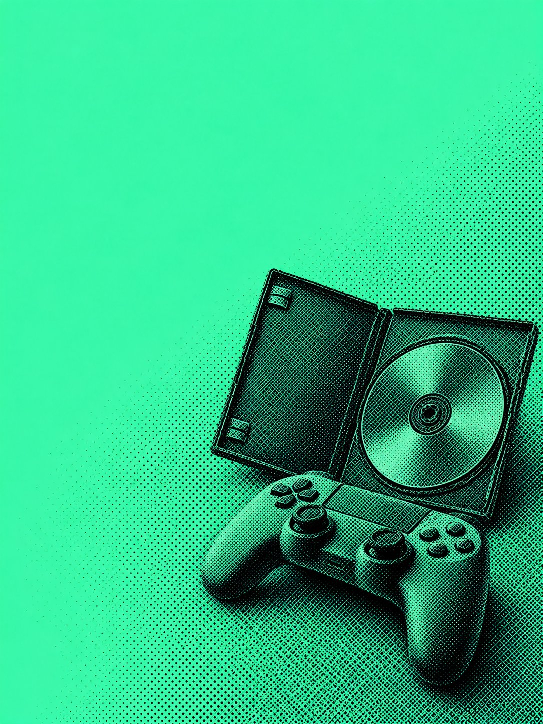 AI-generated symbolic illustration of a plain game case, disc and controller; not a photograph of a particular PlayStation product